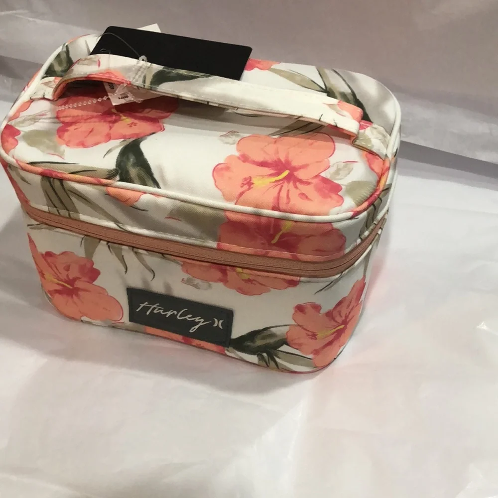 Hurley marshmallow white coral pink tropical print medium makeup beauty case new